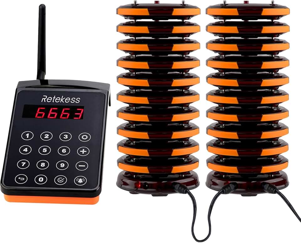 TD156 Restaurant Buzzer System, Long Range Coasters Pager, More Pagers, IP66 Waterproof, Out of Range Alarm, 20 Coasters Pager for Hotel, Club