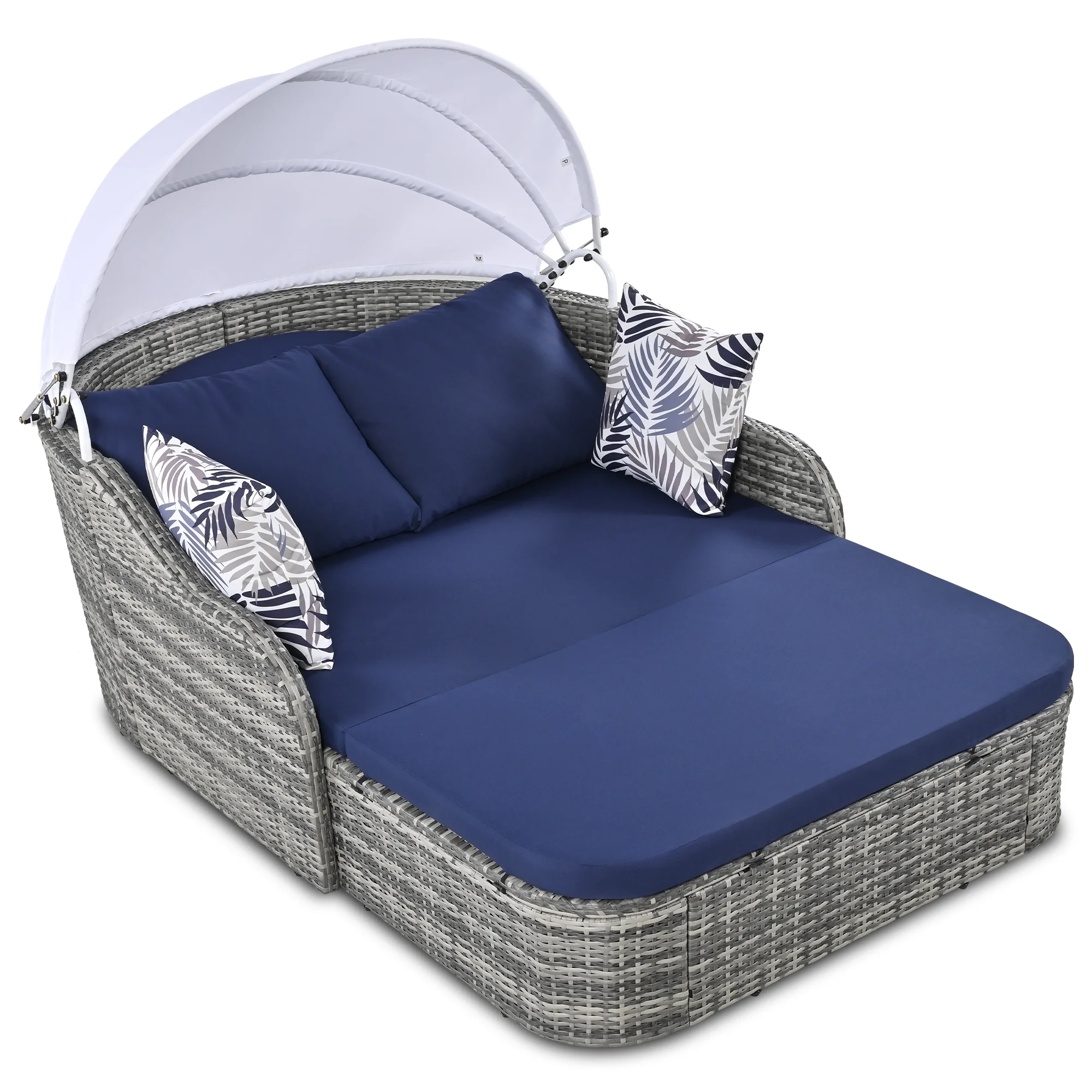 Outdoor Sunbed with Retractable Canopy, PE Rattan Patio Double Lounge Chair Daybed with Cushion and Pillows for Garden Poolside Backyard