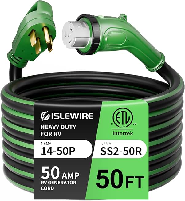 50 Amp 50 Feet RV Power Cord, Heavy Duty 6/3 + 8/1 Gauge STW 50A Generator Cord, NEMA 14-50P to SS2-50R LED Power Indicator Twist Lock for RV Trailer Camper and Generator to House, ETL Listed
