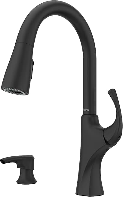 Pfister Miri 2.0 Kitchen Faucet with Pull Down Sprayer and Soap Dispenser, Single Handle, High Arc, Spot Defense Matte Black Finish, F5297MRRSDB
