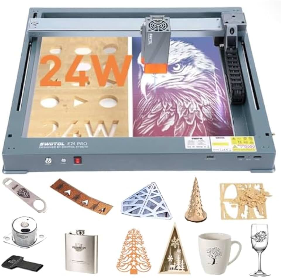 24000mW(24W) Laser Engraver, Laser Cutter 36000mm/min, Laser Engraving Cutting Machine with 0.06mm High Accuracy, Laser Class 4, No Need Installed Laser Engravers, for Metal, Wood, Acrylic,DIY