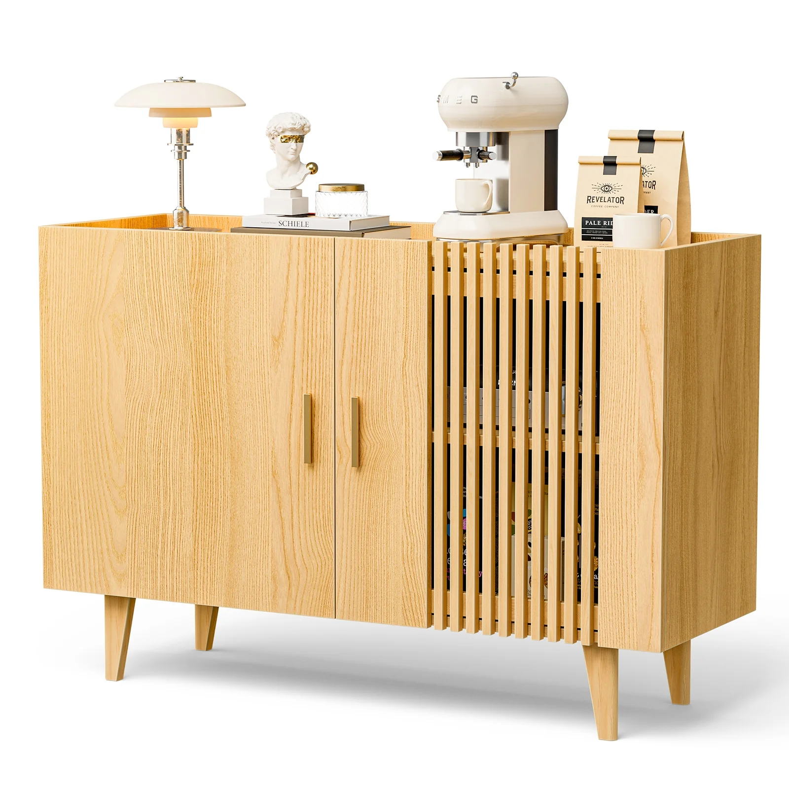 IKIFLY Buffet Storage Cabinet, Sideboard with Slatted Door, Gold Handles,Wood Legs, Buffet Table for Kitchen, Dining Room, Entryway(Natural)