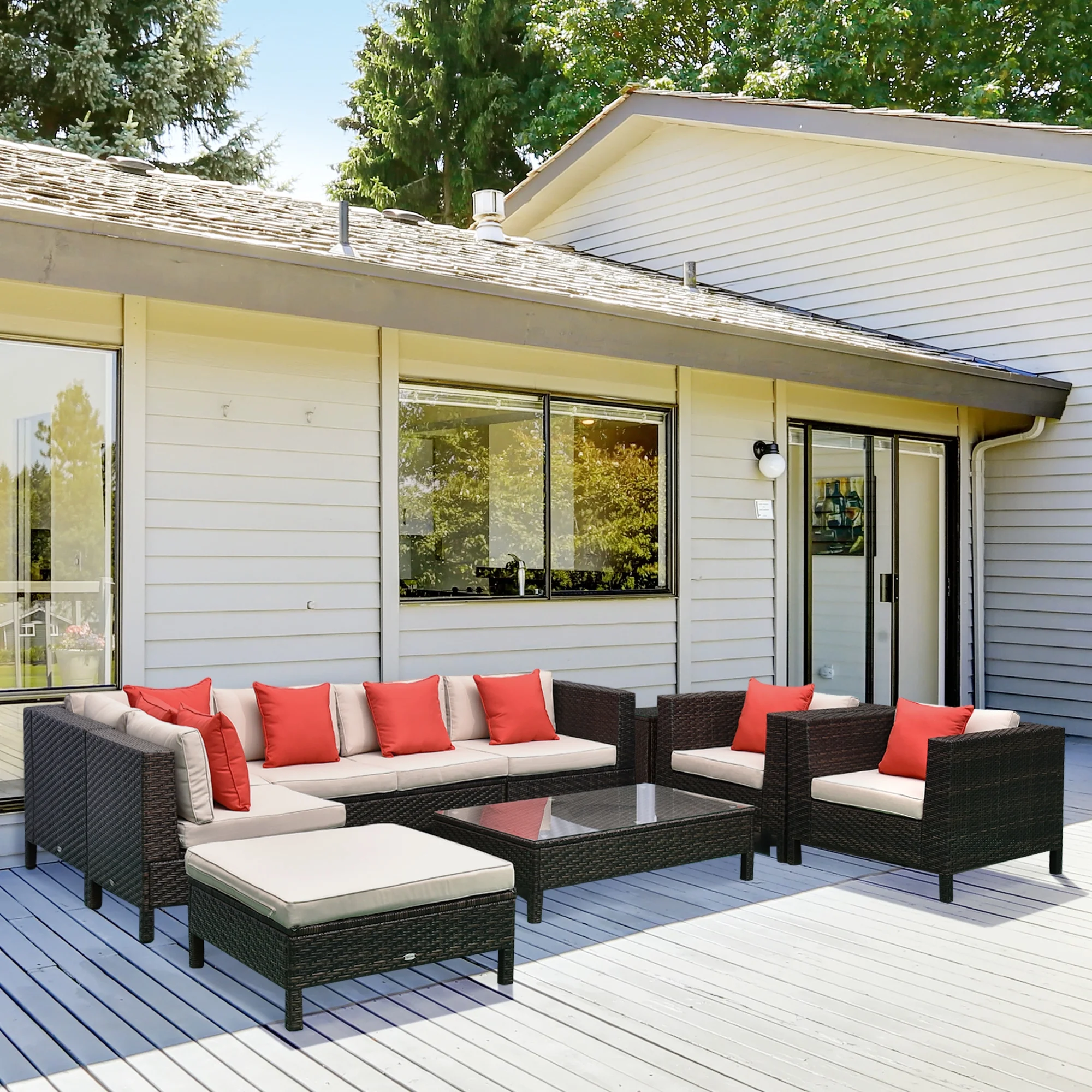 Outsunny 9 Piece Patio Furniture Set, PE Rattan Sofa & Table, Sand