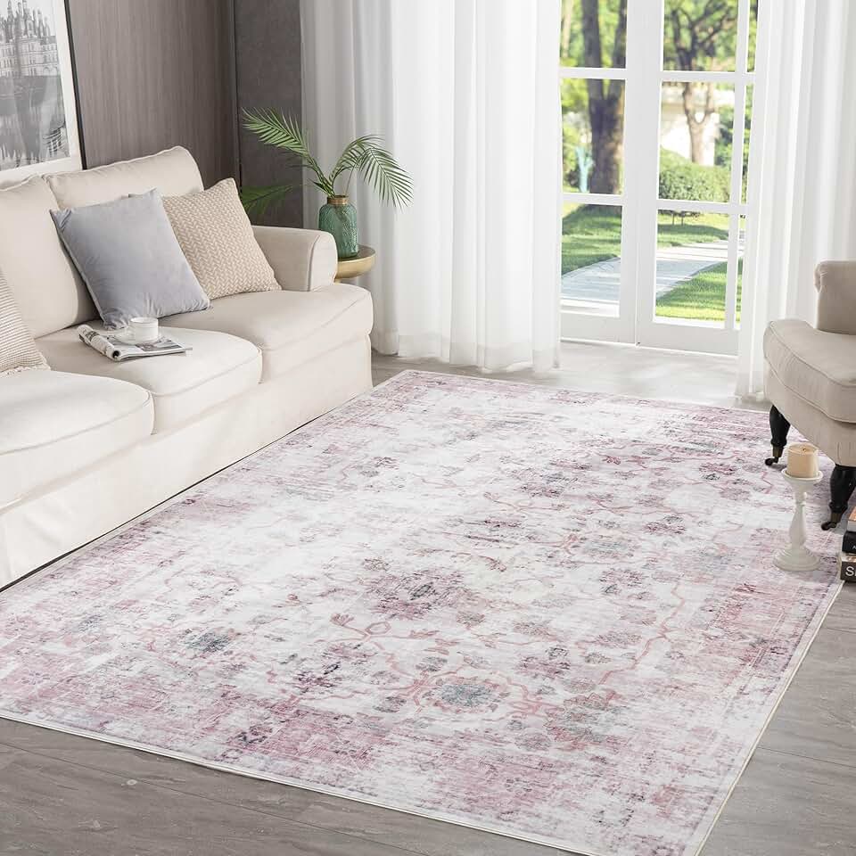 Syalife Washable Rug Vintage Area Rugs, 10'x 14' Living Room Rug with Non Slip Backing, Distressed Indoor Carpet Non-Shedding Pink Rug, Vintage Floor Mat Indoor Rug (Pink/Multi, 10'x 14')