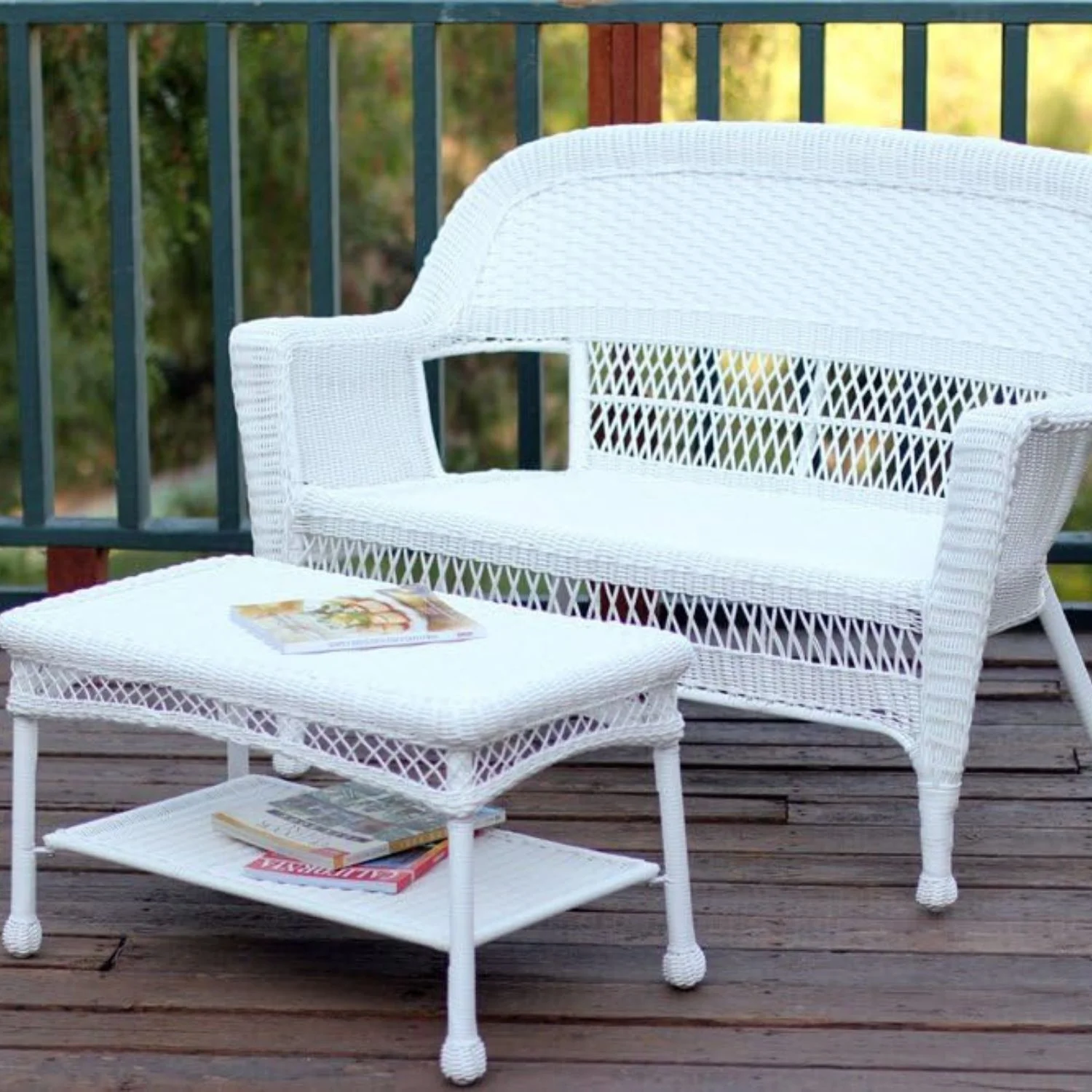 Jeco White Wicker Patio Love Seat and Coffee Table Set without Cushion