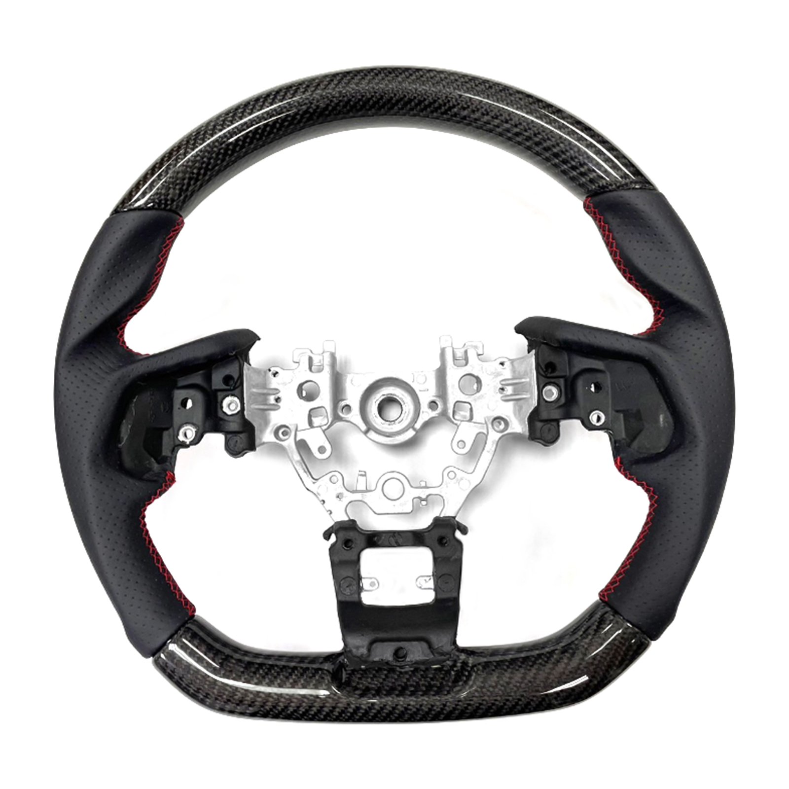 Ikon Motorsports Steering Wheel Compatible With 2022-2024 Subaru WRX Black Carbon Fiber & Perforated Leather Steering Wheel Brushed Kit With Red Stitching