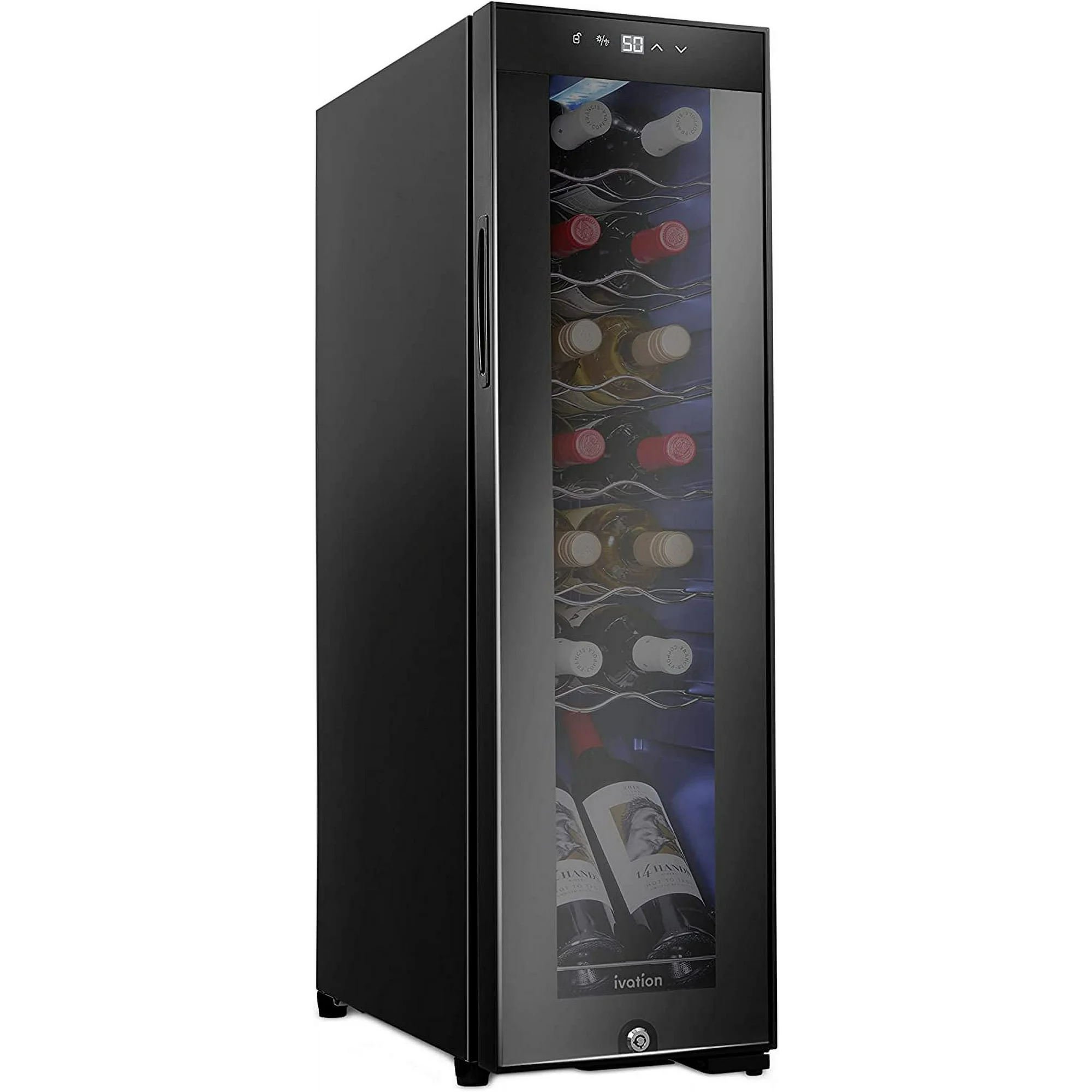 Ivation 14-Bottle Wine Cooler, Freestanding Wine Refrigerator with Lock - Black