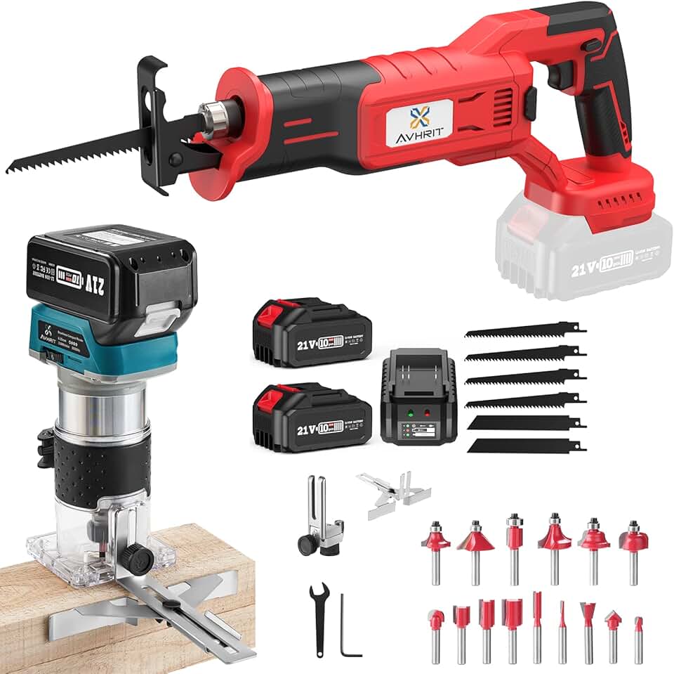 Bundle Cordless Reciprocating Saw + 21V Compact Wood Router with 4.0Ah Batteries for Cutting, Woodworking
