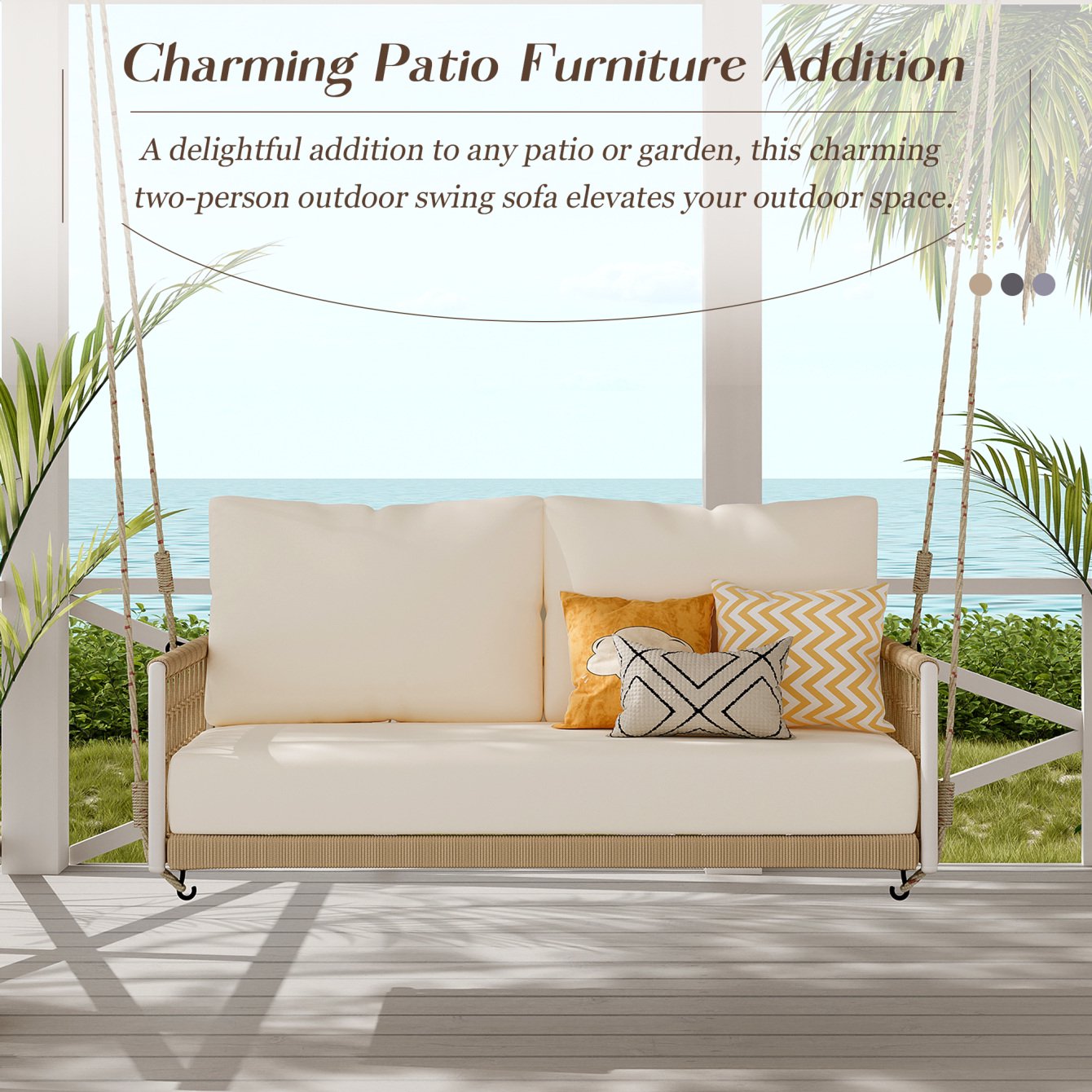 Indoor Outdoor Woven Rope Swing Sofa with Soft Removable Cushions, Pillows, Porch Swing with Rope and Seating 2 for Patio, Courtyard and Balcony, 650 LBS Weight Capacity, Woven Rope Swing Sofa