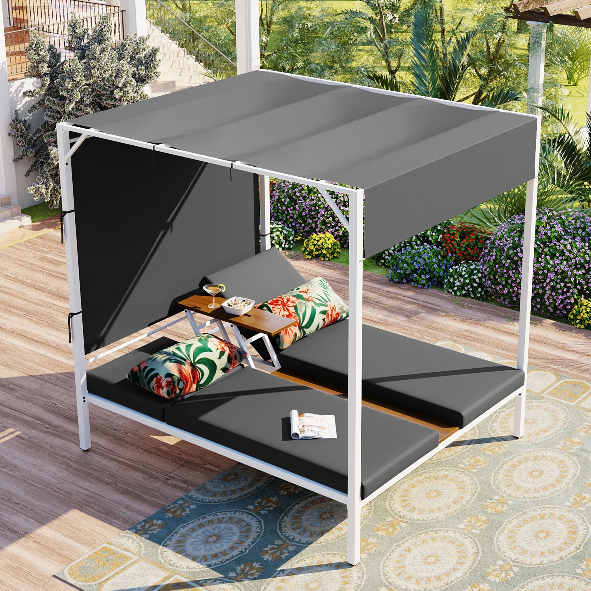 Outdoor Patio	Sunbed Daybed, Upholstered Patio Bed With Cushions, Adjustable Seats, Middle Cup Holder, Outdoor Chaise Sunbed For Balcony, Poolside, Garden