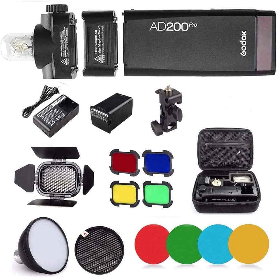 Godox AD200 Pro AD200Pro Flash Strobe Speedlight 200Ws 2.4G, 1/8000 HSS, 500 Full Power Flashes, 0.01-1.8s Recycling, 2900mAh Battery, Bare Bulb/Speedlite Fresnel Flash Head with BD-07, Reflector
