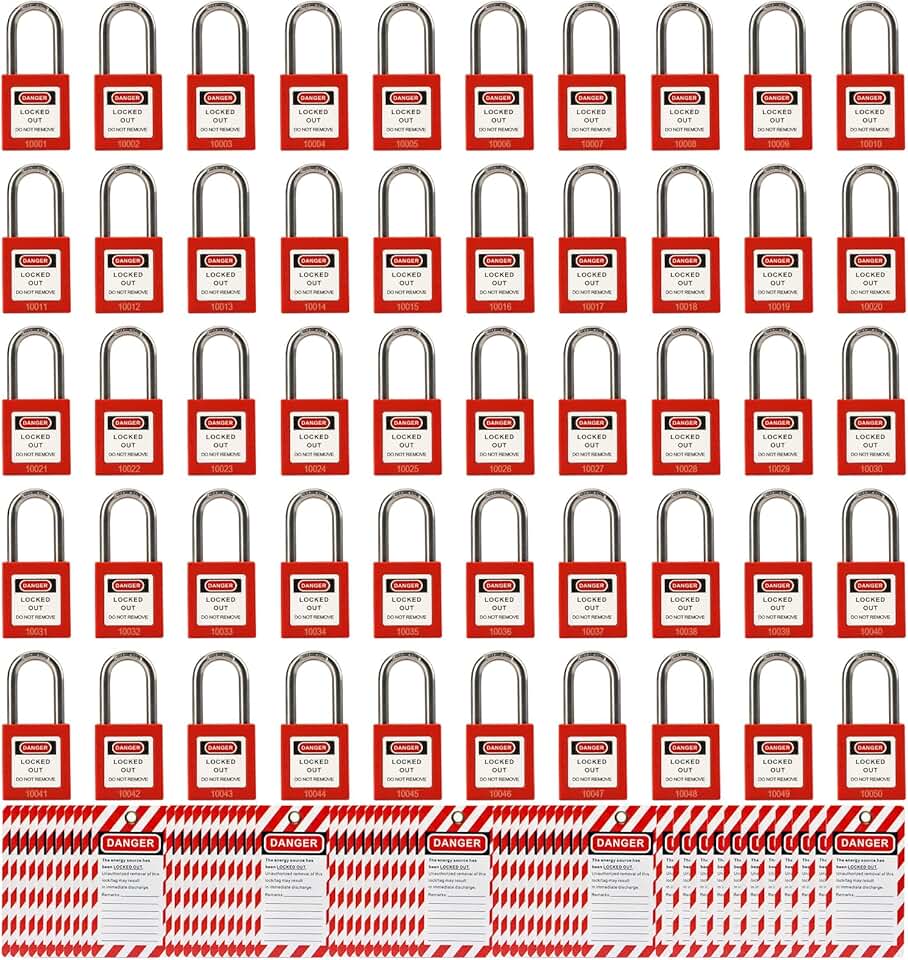 50 Red Lockout Tagout Locks with 50 Lock Out Tag Out Tags, Keyed Different, OSHA Compliant Safety Locks