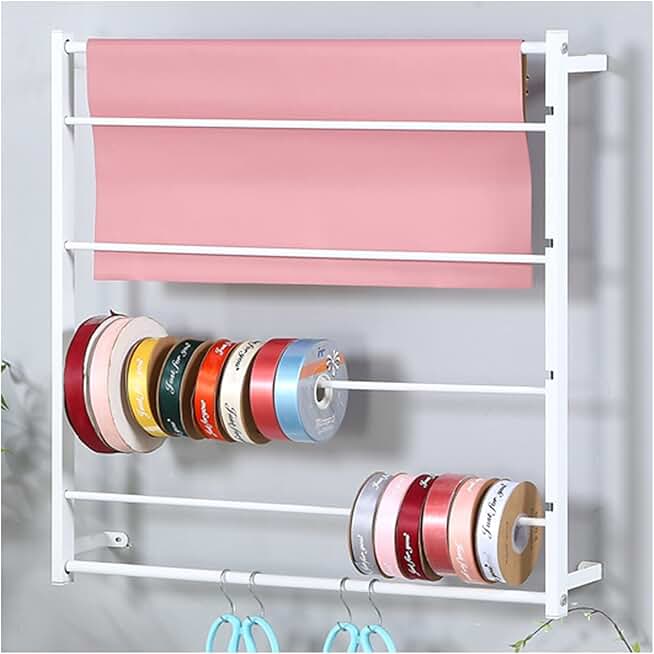 Wall Mount Ribbon Organizer Holder, Metal Wrapping Paper Display Rack with Extra Hooks, Scarf Shelf, Cakes/Flowers/Gift Shop (Color : White, Size : 67x67cm/26x26inch)