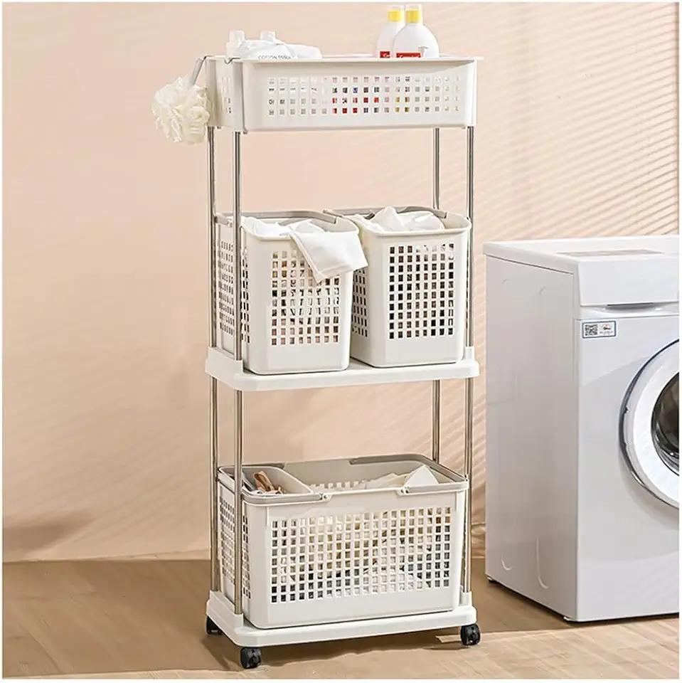 3 Tier Plastic Laundry Basket, Rolling Laundry Sorter Hamper, Multipurpose Large Laundry Basket with 4 Basket Bins, Removable Storage Basket, for Kitchen Bedroom Bathroom