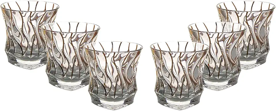 World Gifts Bamboo Collection Modern Bohemian Crystal Hand-Crafted Decorative Glassware - 10 Oz DOF Glasses, Set of 6, Gold Strips