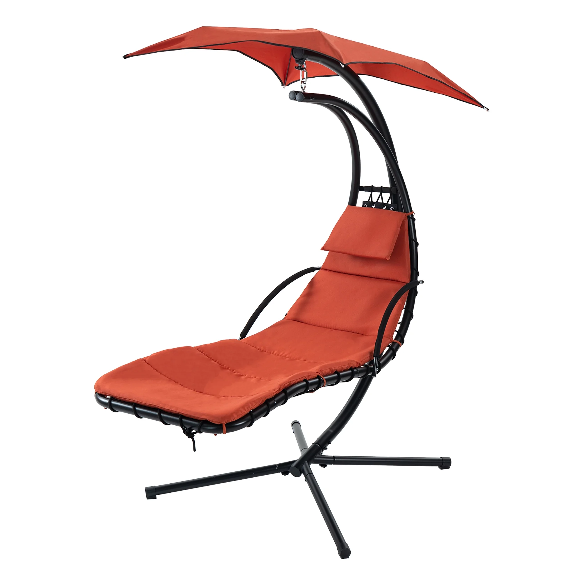 Outdoor Hanging Orange Curved Lounge Chair Hammock Swing with Canopy and Built-In Pillow - 53.15 inches, Steel Frame - Relax in Style for Patio, Garden, or Poolside