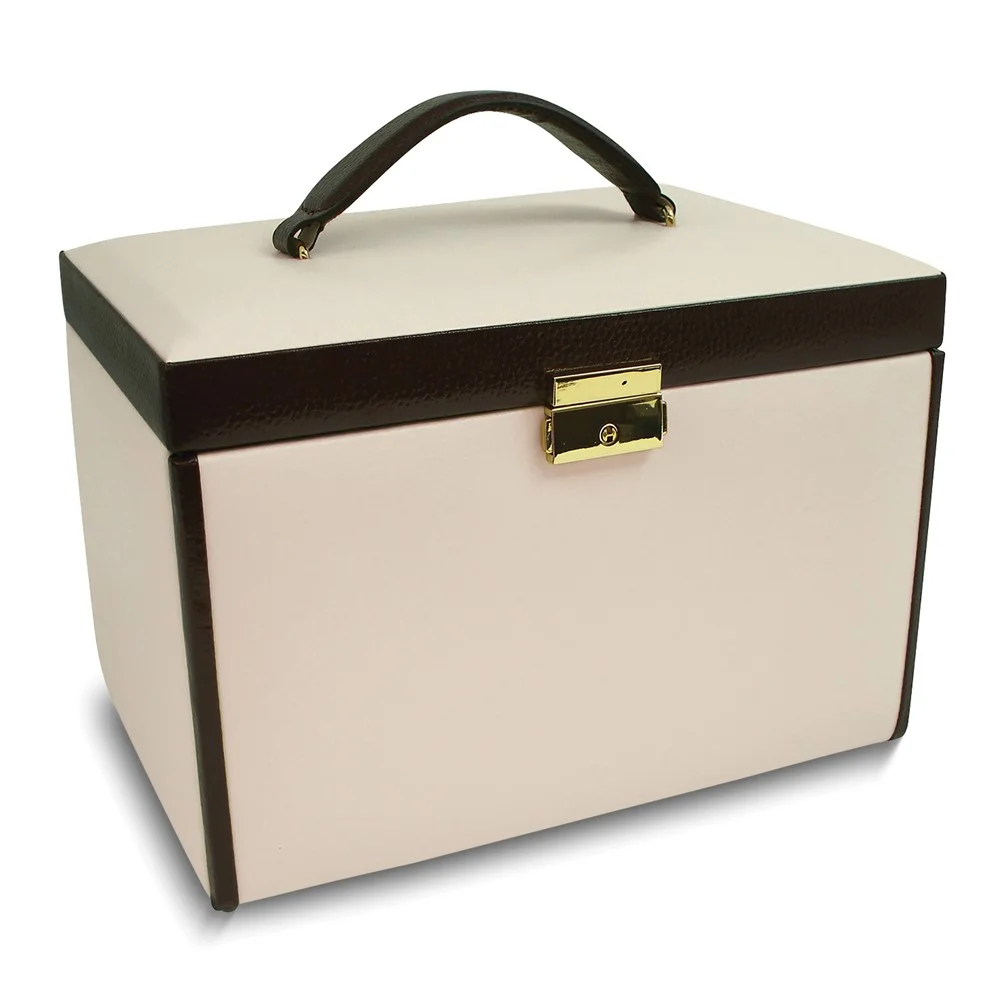 Ivory and Brown Leather with Hidden Storage Behind Mirror Top Handle 3-Drawer Locking Jewelry Case with Removable Travel Case QGM4117