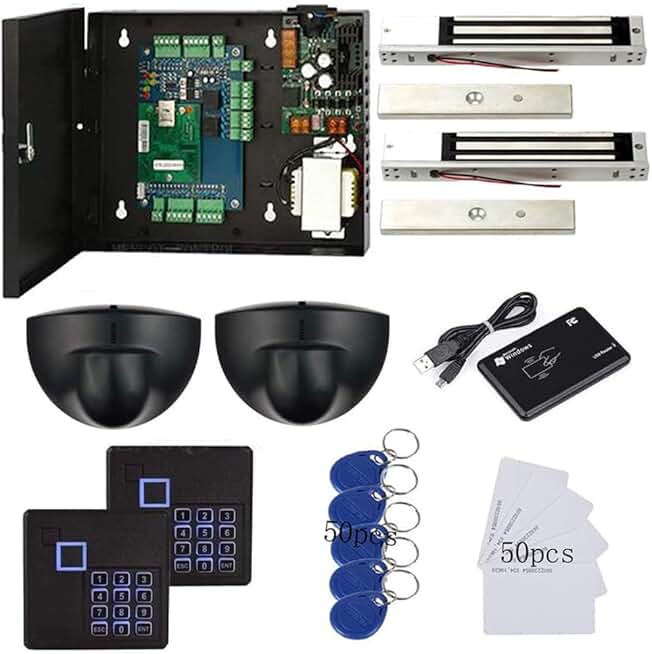 Magnetic Lock Exit Motion Sensor 2 Doors TCP/IP Access Control System Kits Keypad Reader Control Board 110V Power Supply Box USB Enroll Reader RFID Card/Key Fob(Phone APP remotely Open Door)