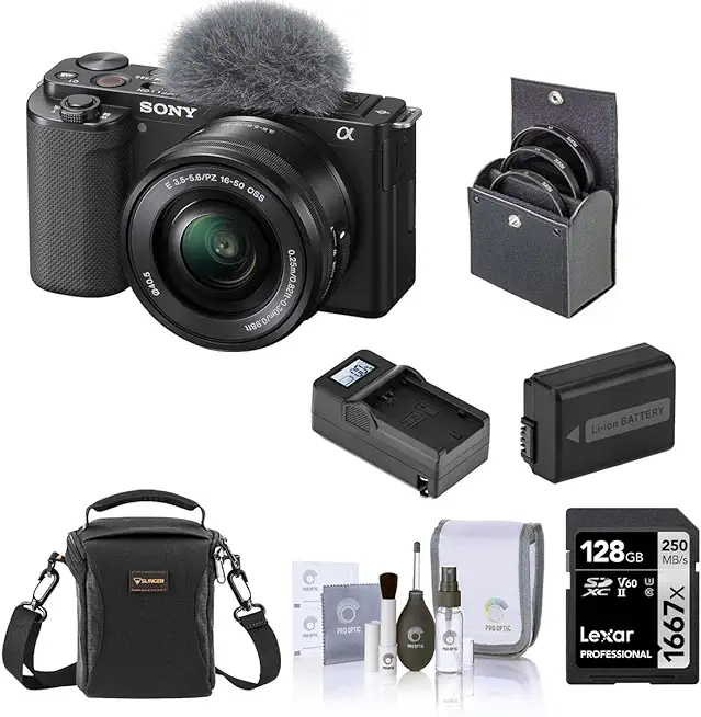 Sony ZV-E10 Mirrorless Vlog Camera with 16-50mm Lens, Black - Bundle with 128GB SD Card, Shoulder Bag, Extra Battery, Charger, 40.5mm Filter Kit, Cleaning Kit