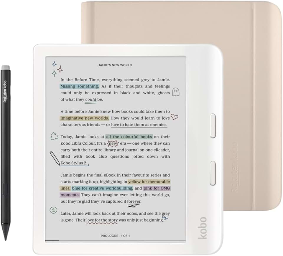 Kobo Libra Colour White eReader with Case Bundle (Sand Beige Notebook SleepCover, Case + Stylus Bundle)