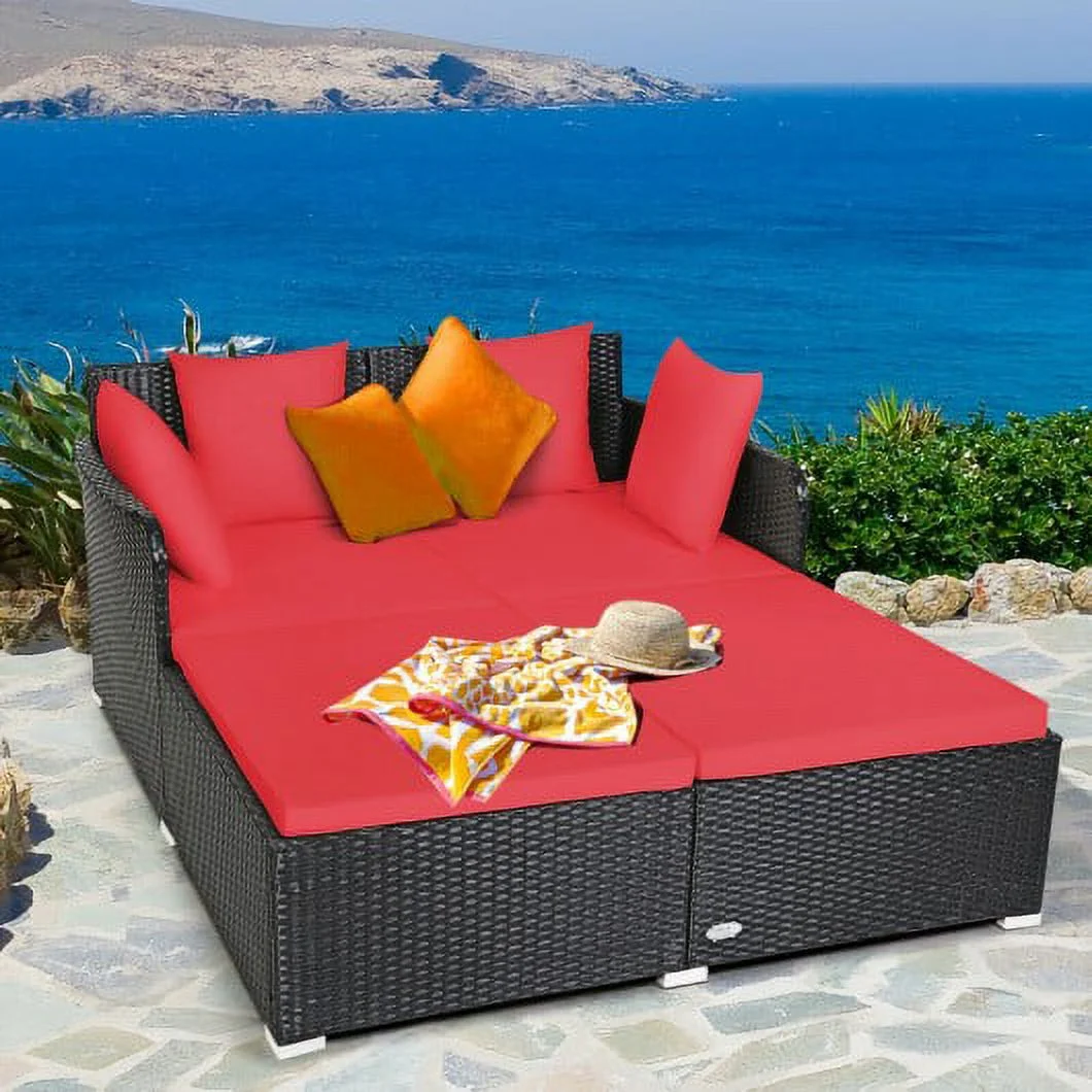 Patio Rattan Daybed Thick Pillows  Outdoor Cushioned Sofa Furniture-Red