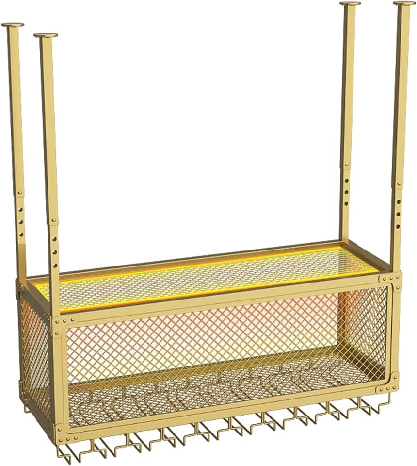 Hanging Wine Rack - Height Adjustable Hanging Wine Glass Rack, Ceiling Wine Bottle Holder with Glass Holder & Lights, Industrial Ceiling Shelf for Bar, Cafe, Kitchen