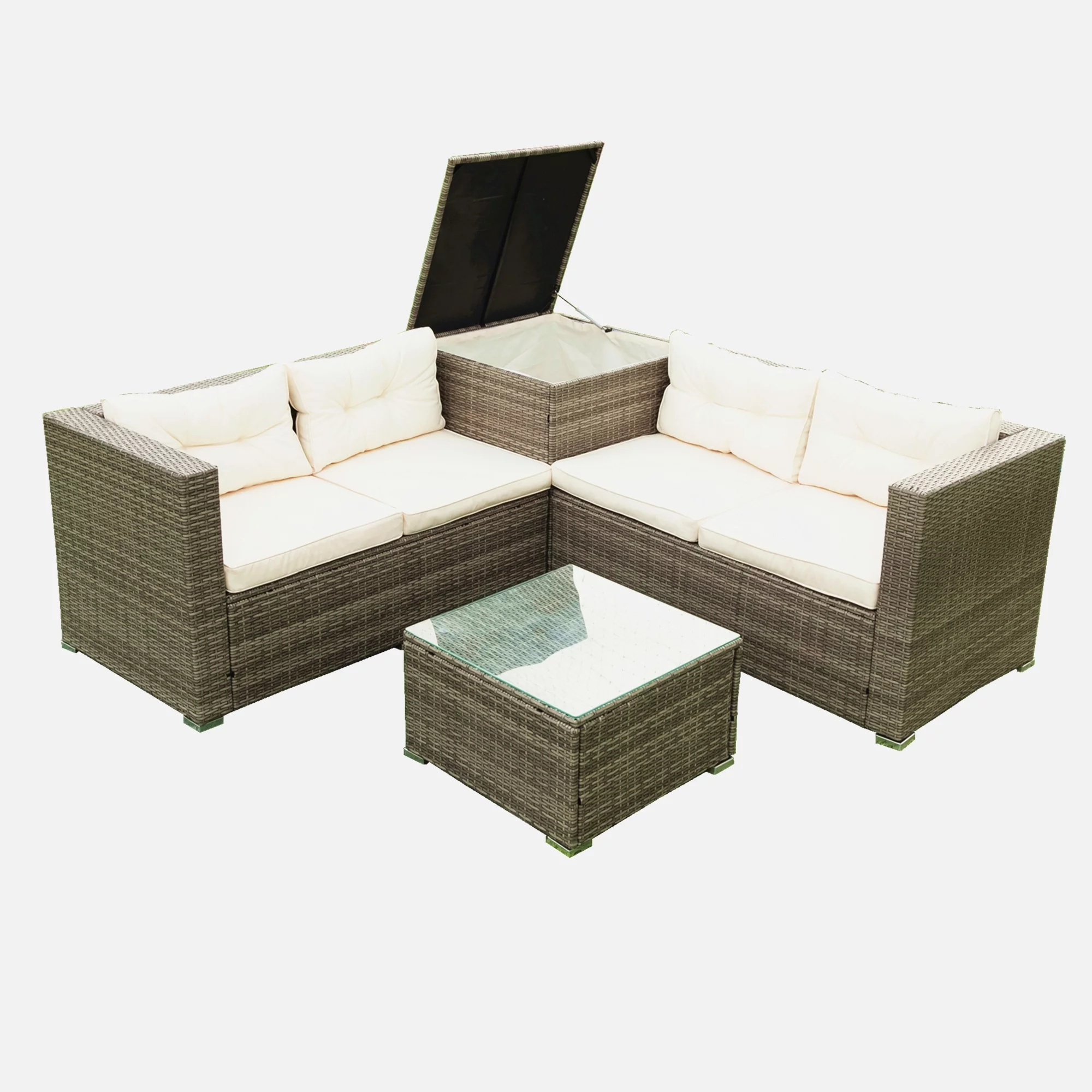 Outdoor Rattan Sectional Sofa Set, 4 PCS Cushioned Wicker Patio Furniture Set with Dining Table, 2 Loveseat Sofas and Storage Box, Modern Patio Conversation Set for Poolside Garden Deck, Beige Cushion