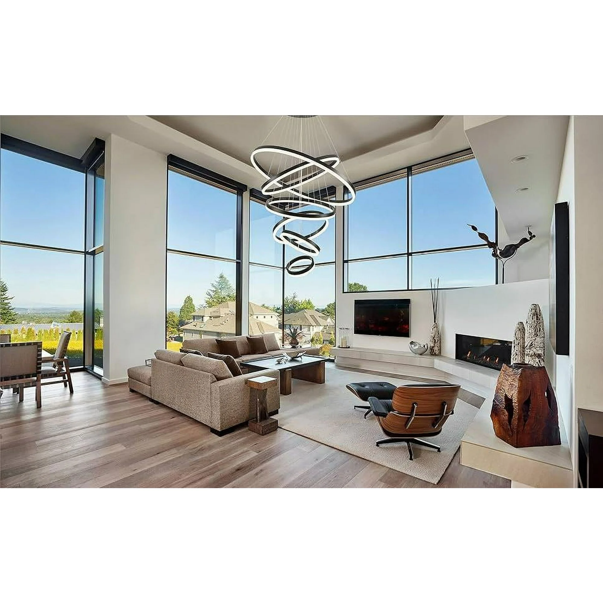 High Ceiling Chandelier Modern, Black LED Chandelier, 6 Rings Dimming Pendant Light for Foyer Entryway Staircase