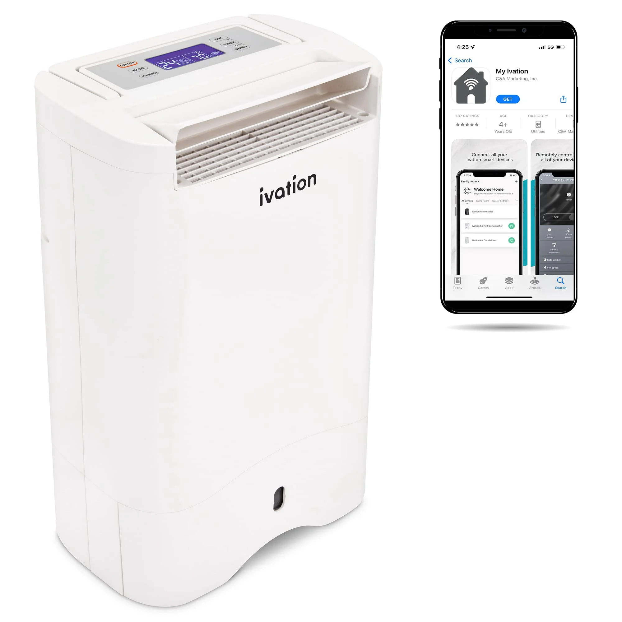 Ivation 19 Pint, 410 Sq/Ft, Wifi Dehumidifier W/ Drain Hose & Smartphone Control