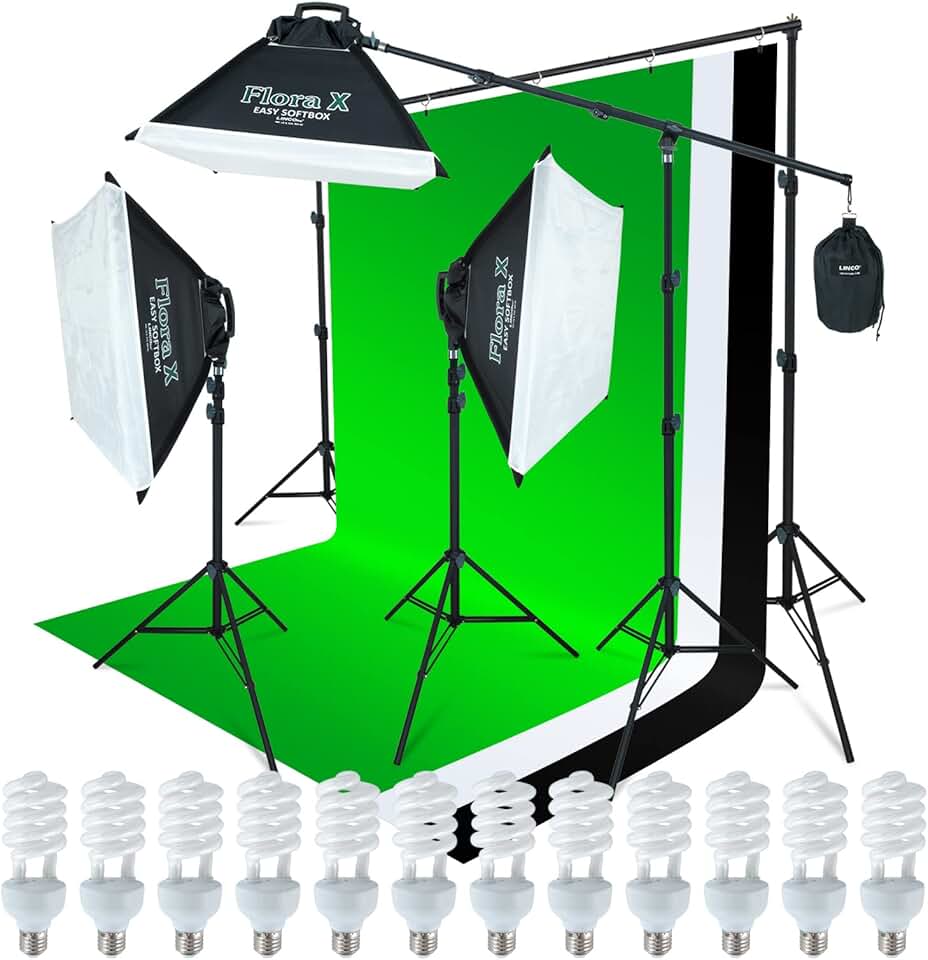LINCO Lincostore 2000 Watt Photo Studio Lighting Kit with 3 Color Muslin Backdrop Stand Photography Flora X Fluorescent 4-Socket Light Bank and Auto Pop-Up Softbox - Only Takes 3 Seconds to Set-up