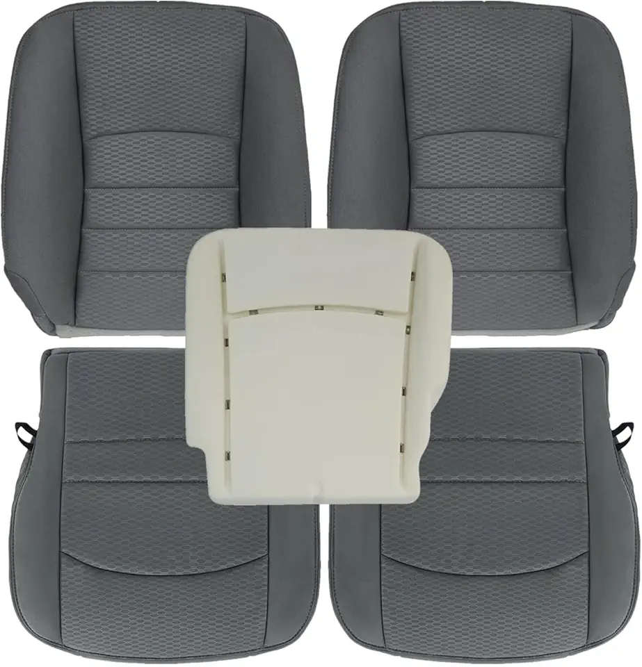 SecosAutoparts Driver Foam Cushion and Driver and Passenger Bottom and Top Lean Back Gray Cloth Seat Cover Compatible with Dodge Ram 1500 2500 2013 2014 2015 2017 2018