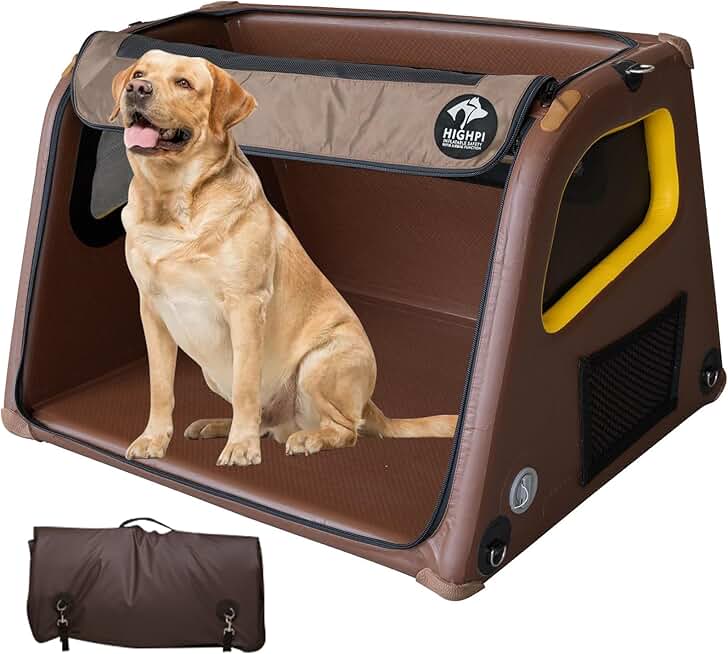 HIGHPI Collapsible Dog Crate Airbag-Portable Dog Travel Crates for Car, Soft Sided Folding Dog Crates for Large Dogs, 2-Door Waterproof Dog Kennel Outdoor Indoor, Foldable Dog Crate 37’L’x32’’Wx26’’H
