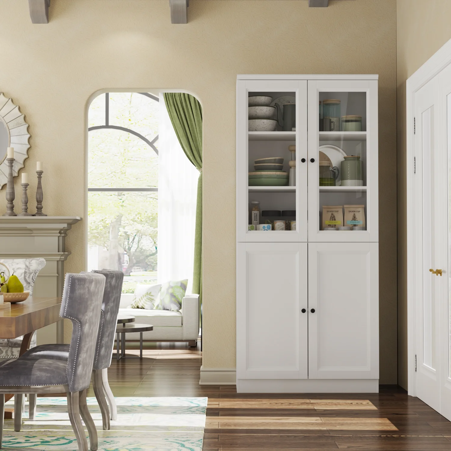 OXYLIFE Kitchen Pantry Cabinet with Glass Doors and Shelves, Large Modern Cupboard for Dining Room, White