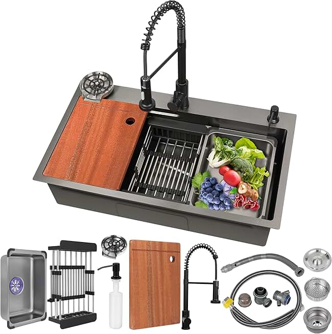 T-304 Stainless Steel Sinks 31.5 Inch Drop In Workstation Kitchen Sinks Single Bowl Deep Kitchen Sink with All Accessories (31.5x18x8.7in)