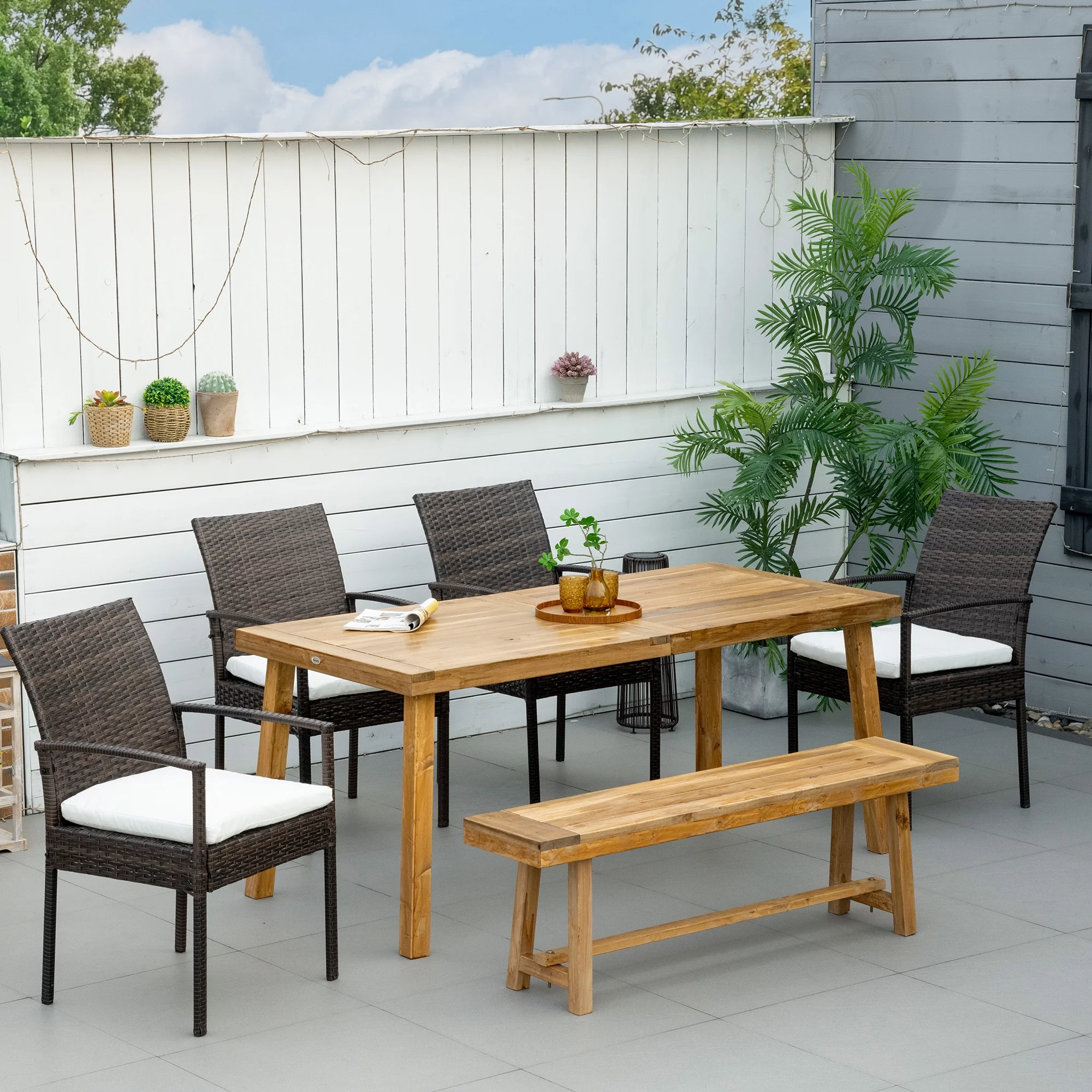 Outsunny 6 Piece Patio Dining Set Acacia Wood Table and Bench, Chairs
