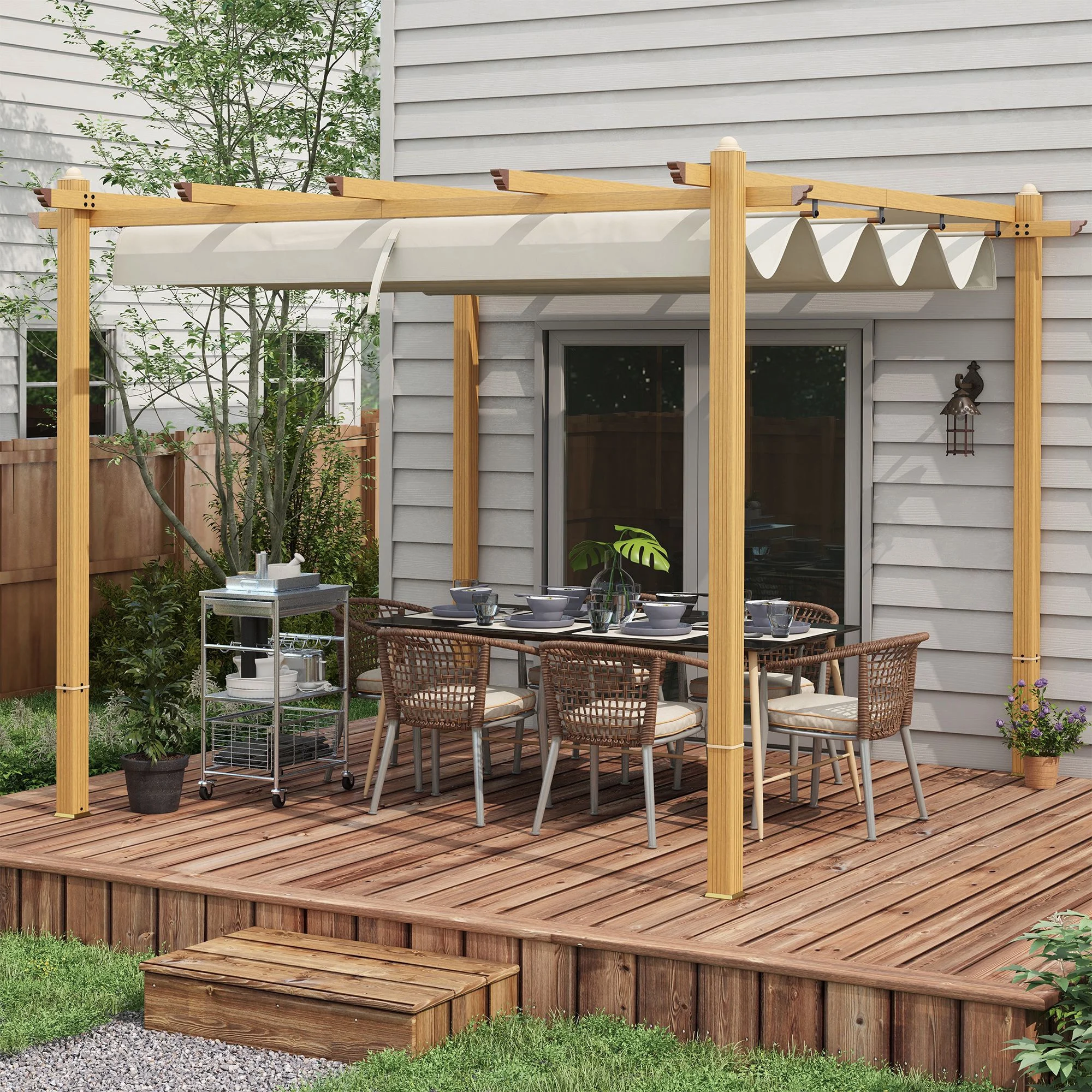 Outsunny 10'x10' Retractable Pergola with Wood Grain Aluminum Frame, Cream