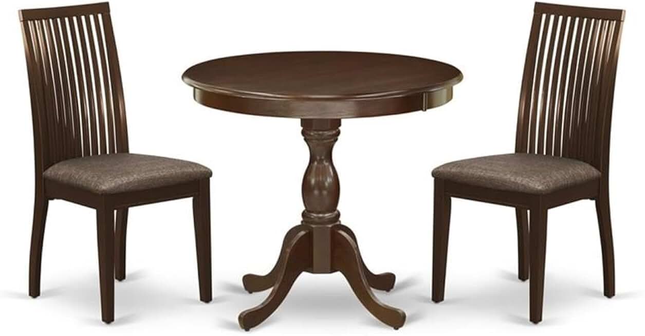East West Furniture Antique 3 Piece Kitchen Set Contains a Round Dining Room Table with Pedestal and 2 Linen Fabric Upholstered Chairs, 36x36 Inch, AMIP3-MAH-C