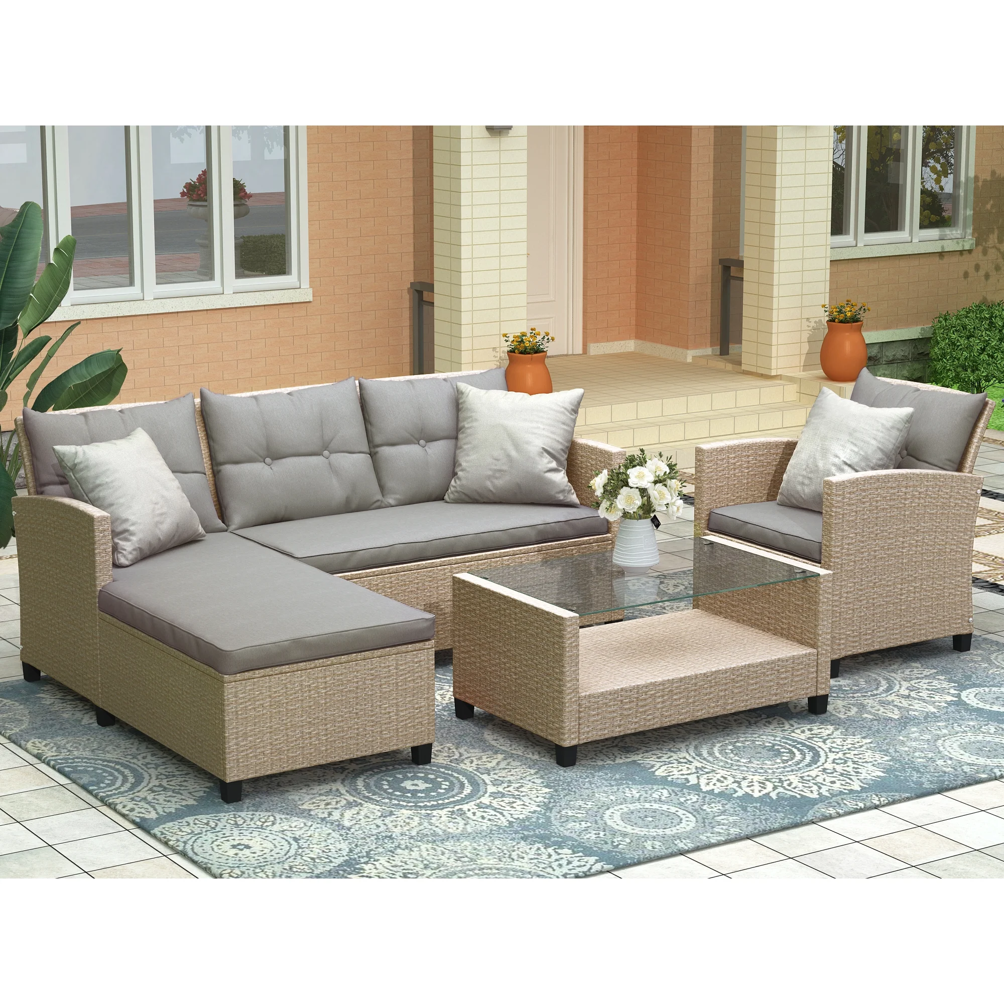 Patio Rattan Sectional Couch Set, 4 Piece Outdoor Wicker Furniture Set, Elegant Cushioned Sofa Set, Conversation Chair Set with Coffee Table & Cushions for Backyard, Balcony, Lawn, Poolside, B1493
