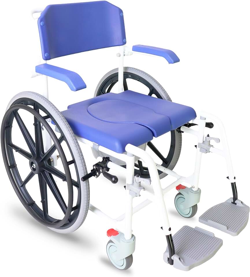 KMINA PRO - Shower Wheelchair for Inside Shower, Adjustable Shower Chair with Wheels for Disabled Adult, Self Propelled Shower Commode Wheelchairs, Rolling Shower Chair Blue