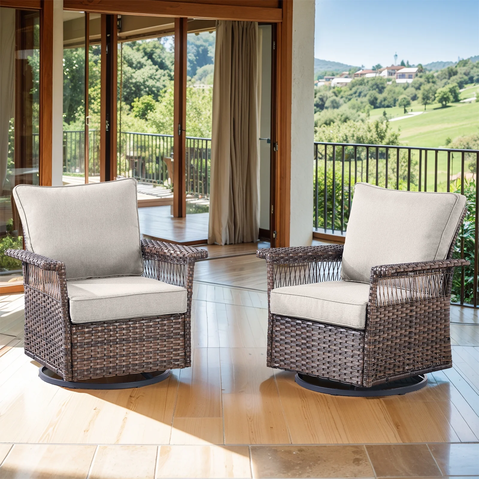 PARKWELL 2PCS Outdoor Swivel Gliders - Patio Wicker Bistro Furniture Set with Cushion - Outdoor 360 Degree Swivel Rocker Chair Porch Balcony Furniture,Beige