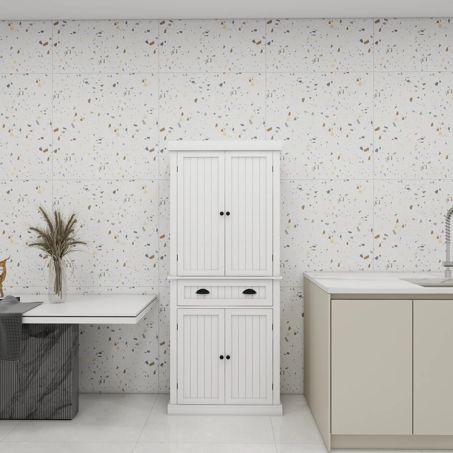 JDZDESIGN 71” Kitchen Pantry  Cabinet   with 4 Doors  Drawer  2 Adjustable Shelves  Freestanding Cupboard for Dining Room Living Room  Laundry-