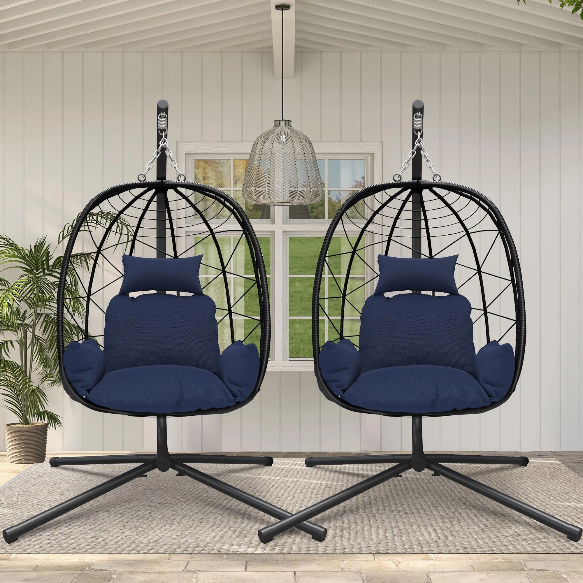 PAPROOS 2PCS Wicker Egg Chair, Indoor Outdoor Swing Chair with Stand and Removable Cushion, All-Weather Rattan Hanging Basket Chair Hammock Chair for Patio Balcony Porch Garden, 300lbs Capacity, Navy