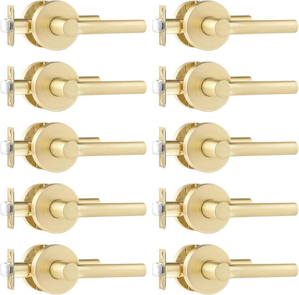 Leydebong 10 Pack Passage Lever Door Handle [Non-Locking Lever] for Hallway Doors or Closets with a Satin Brass Finish, Reversible for Right & Left Side