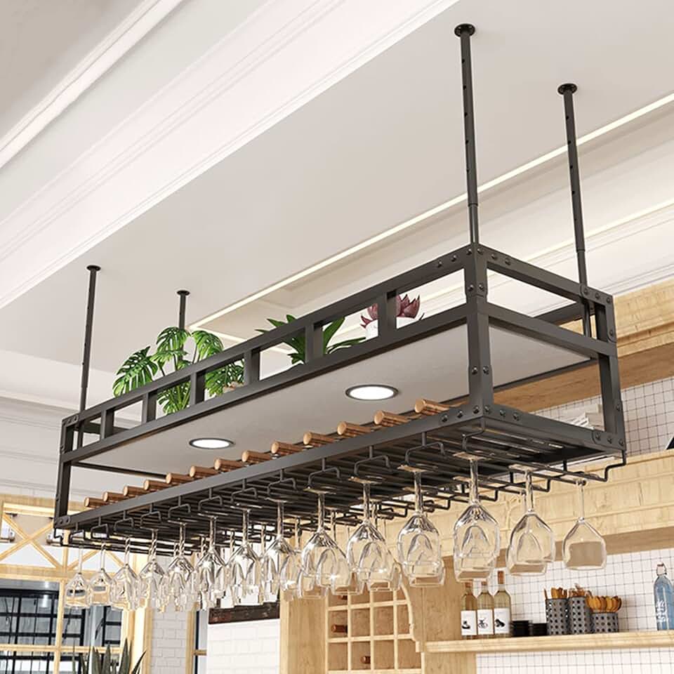 Hanging Wine Rack with 2Lights, Ceiling Mounted Wine Rack Adjustable Industrial Hanging Wine Bottle Holder, Metal Iron Wine Shelf for Bar Dining Room