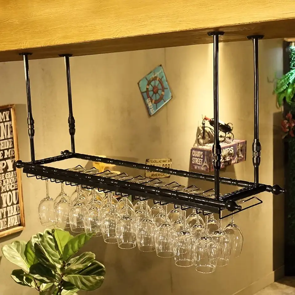 Upside Down Wine Glass Holder, Shelf Wine Glass Holder, Wine Glass Holder, Champagne Glass Holder, Glassware Holder, Rack (Color : Black, Size : 120cm)