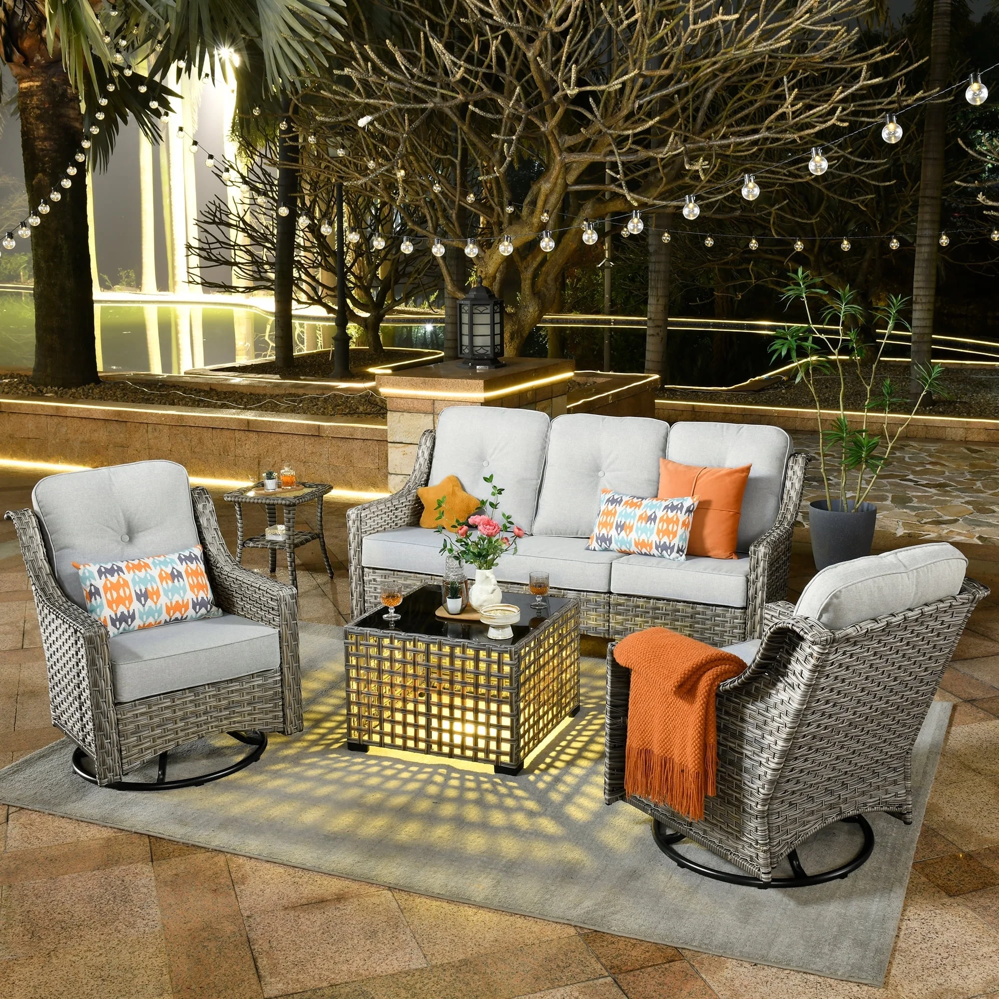Ovios 5 Pieces Outdoor Patio Furniture Set with Solar Lamps Coffee Table Wicker Conversation Sectional Sofa with Rocking Swivel Chairs & High Backrest for Backyard