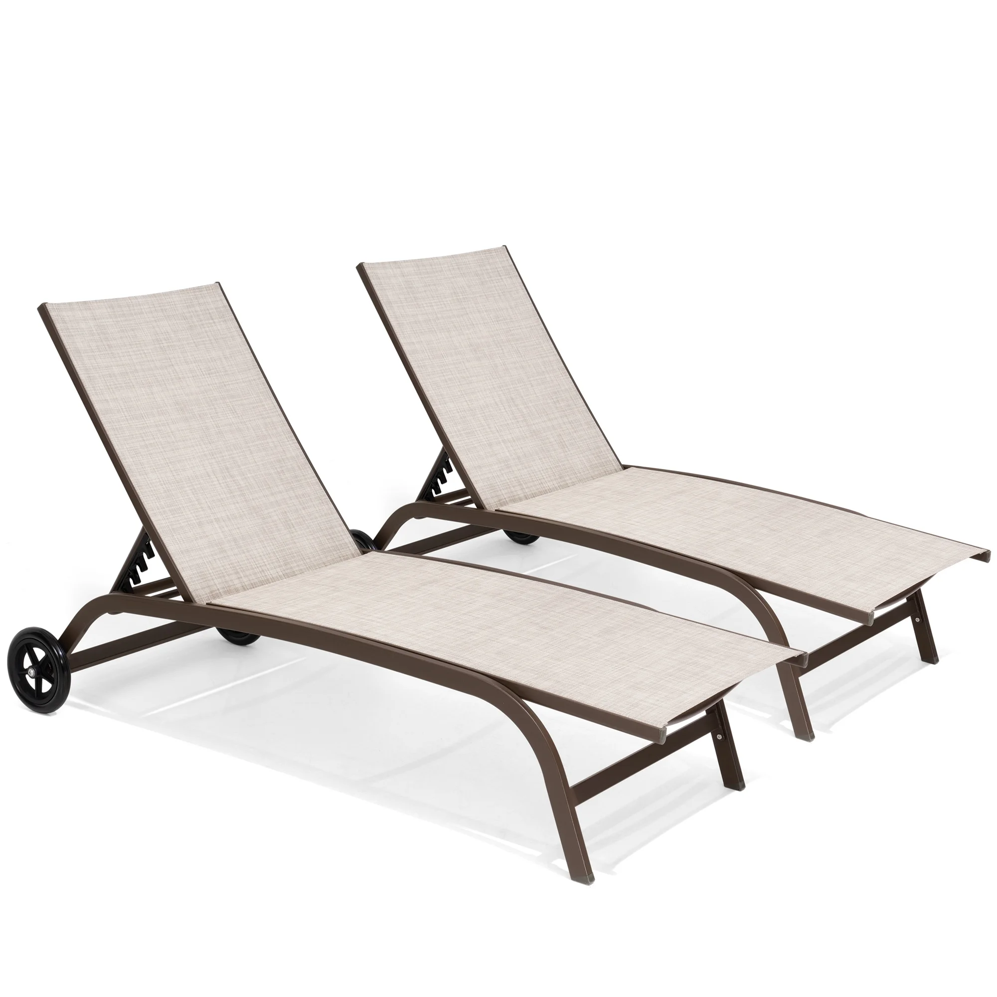 Pellebant 2 PCS Outdoor Chaise Lounge Aluminum Patio Recliner Chairs with 2 Wheels Beige