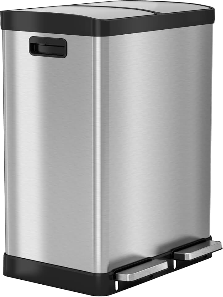 16 Gallon Fire Resistant Stainless Steel Combination Step Recycle Bin and Trash Can with Odor Filters and Color-Coded Removable Inner Buckets