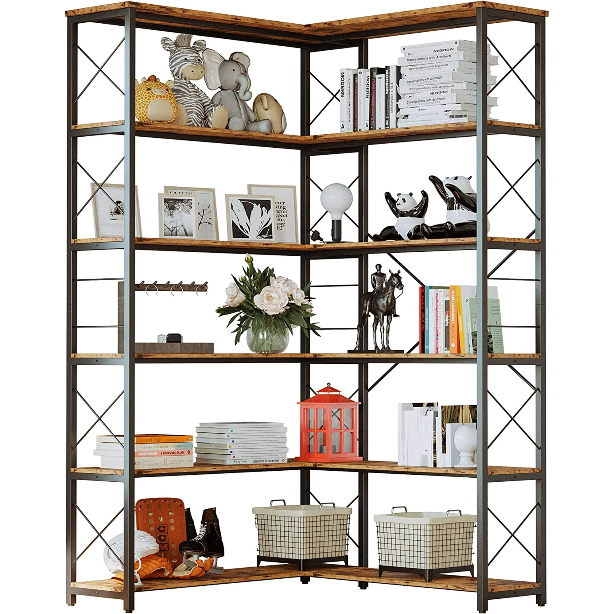 IRONCK 6-Shelf Corner Bookcase, Vintage Industrial Corner Bookshelf Etagere Bookcase, 6 Tier Corner Shelf Storage Rack with Metal Frame for Living Room