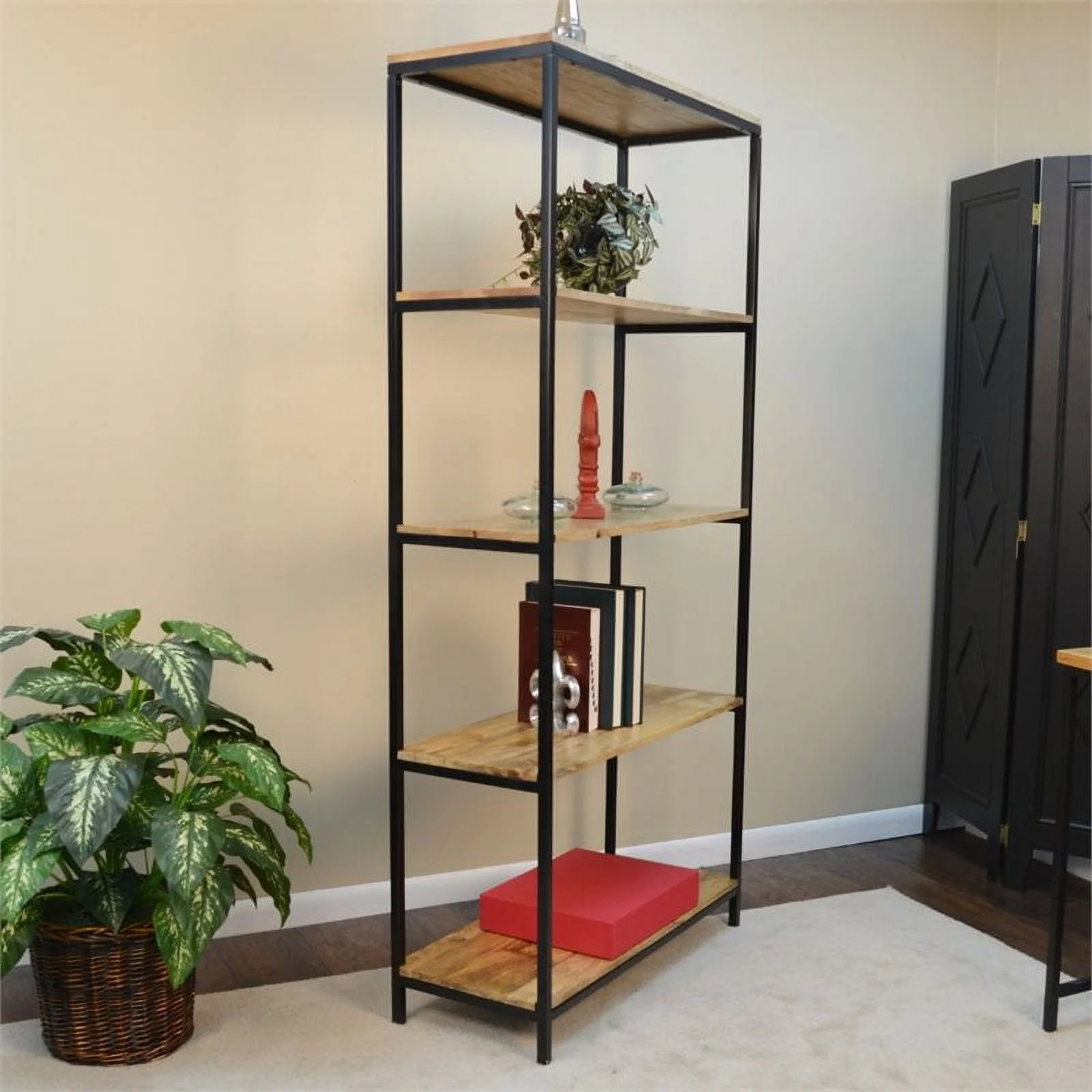 Pemberly Row Modern Metal Tall Bookcase in Natural Mango and Black